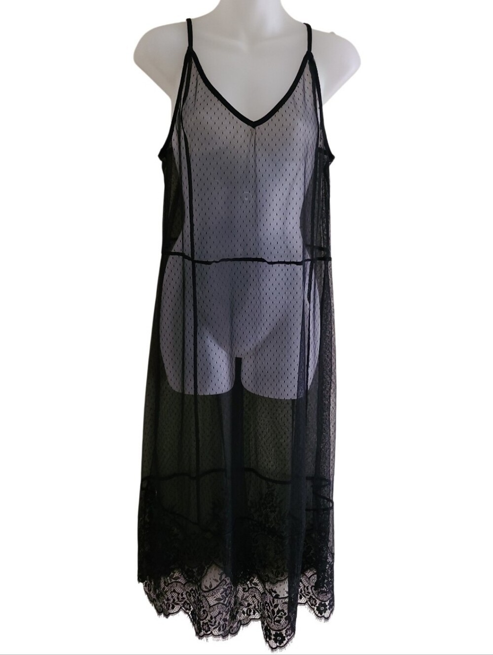 No Brand Sheer Lace Dress Black Scalloped Hem Mesh Overlay Vintage-y